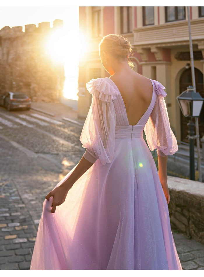 Vestido de fiesta midi con manga abullonada y cinturón decorativo